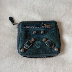 Balenciaga Motorcycle Zipper Wallet Aqua Blue leather.